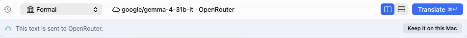 Ekko's bar showing the Formal style, the OpenRouter engine, and a notice reading: This text is sent to OpenRouter, with a Keep it on this Mac button