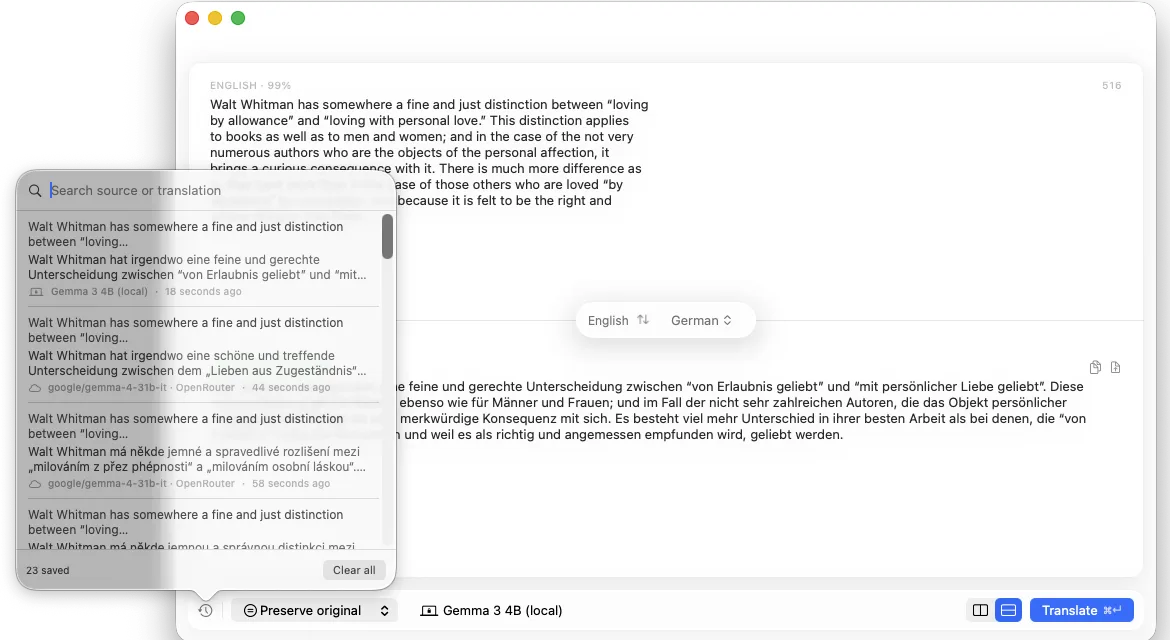 Ekko history popover listing saved translations with their engines