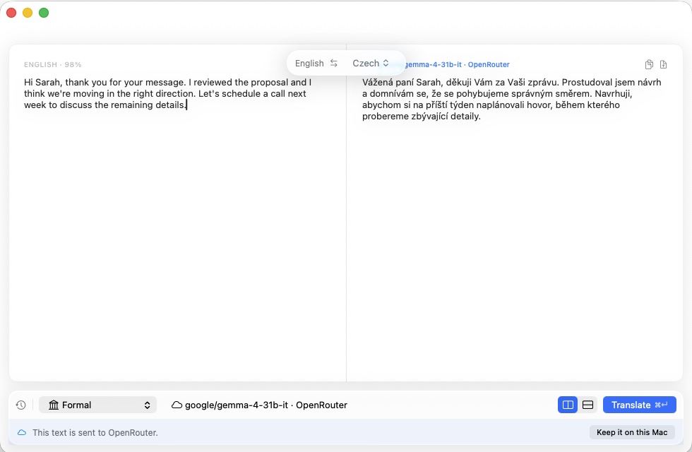 Ekko with source and translation side by side, Formal style, English to Czech